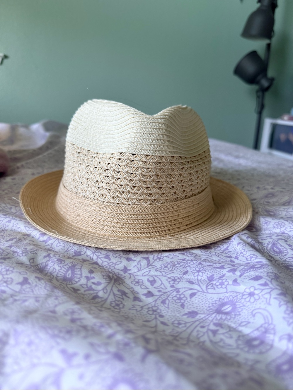 Two-Tone Cream and Tan Straw Fedora Hat for Women